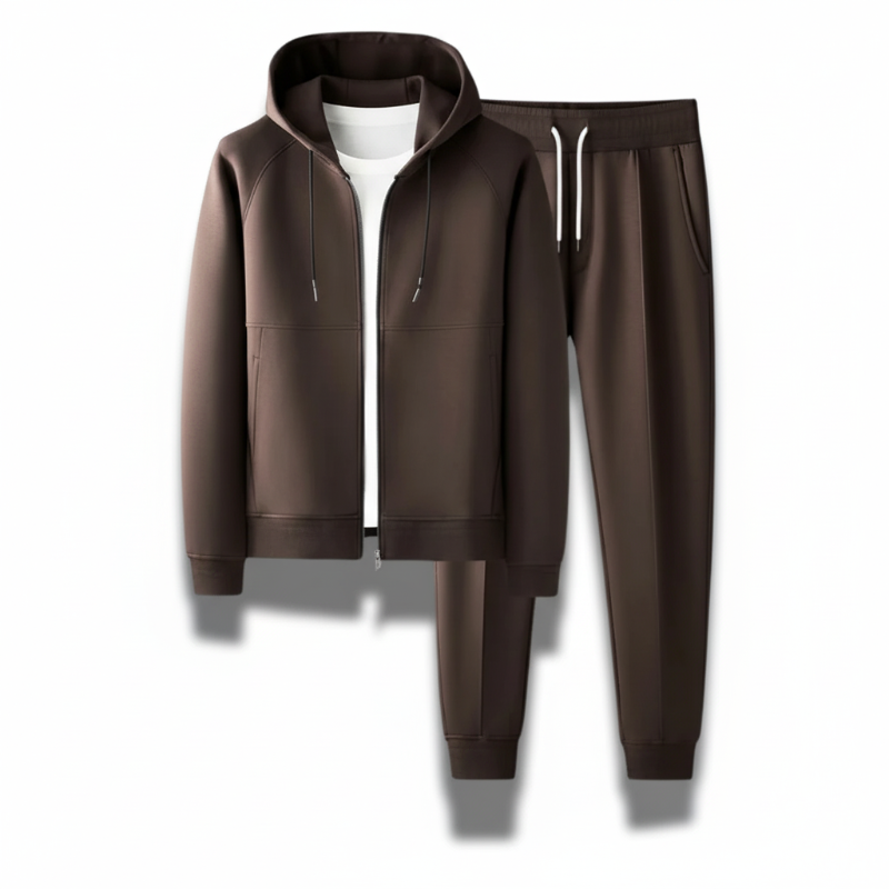 Tullio Premium Casual Tracksuit Set brown – elegant men's brown tracksuit with zip hoodie and jogger pants by Polumi.