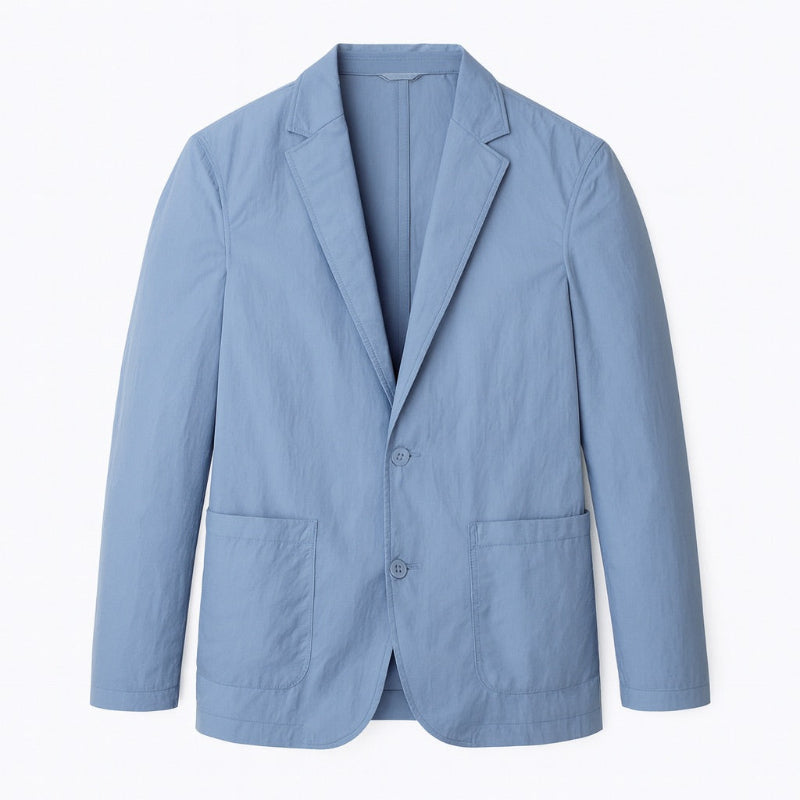 Valerio Cascade Blazer in blue, lightweight men's blazer with classic lapel and two-button design by Polumi.