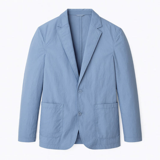 Valerio Cascade Blazer in blue, lightweight men's blazer with classic lapel and two-button design by Polumi.