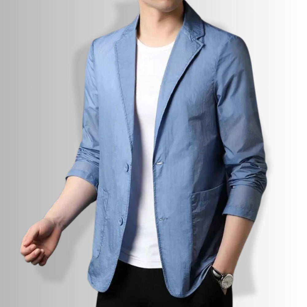 Side view of Valerio Cascade Blazer in blue showing modern lightweight texture.