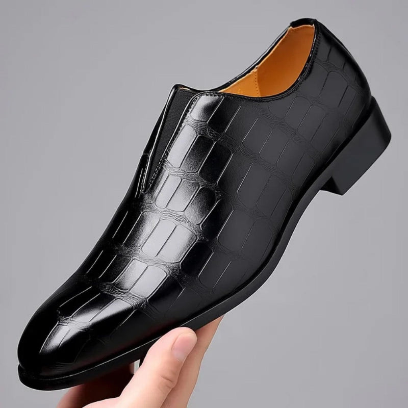 Valerio Leather Loafers in black, men’s slip-on formal shoes with crocodile embossed genuine leather.