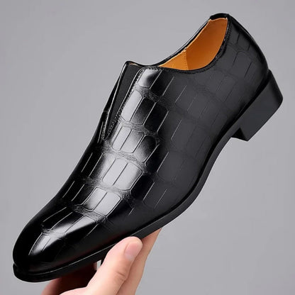 Valerio Leather Loafers in black, men’s slip-on formal shoes with crocodile embossed genuine leather.
