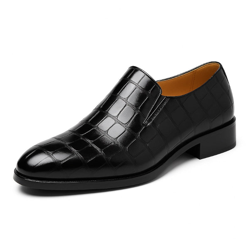 Leather Loafers in black, men’s slip-on formal shoes with crocodile embossed genuine leather.