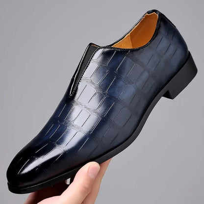 Valerio Leather Loafers in navy blue, luxury men’s loafers with crocodile embossed leather finish.
