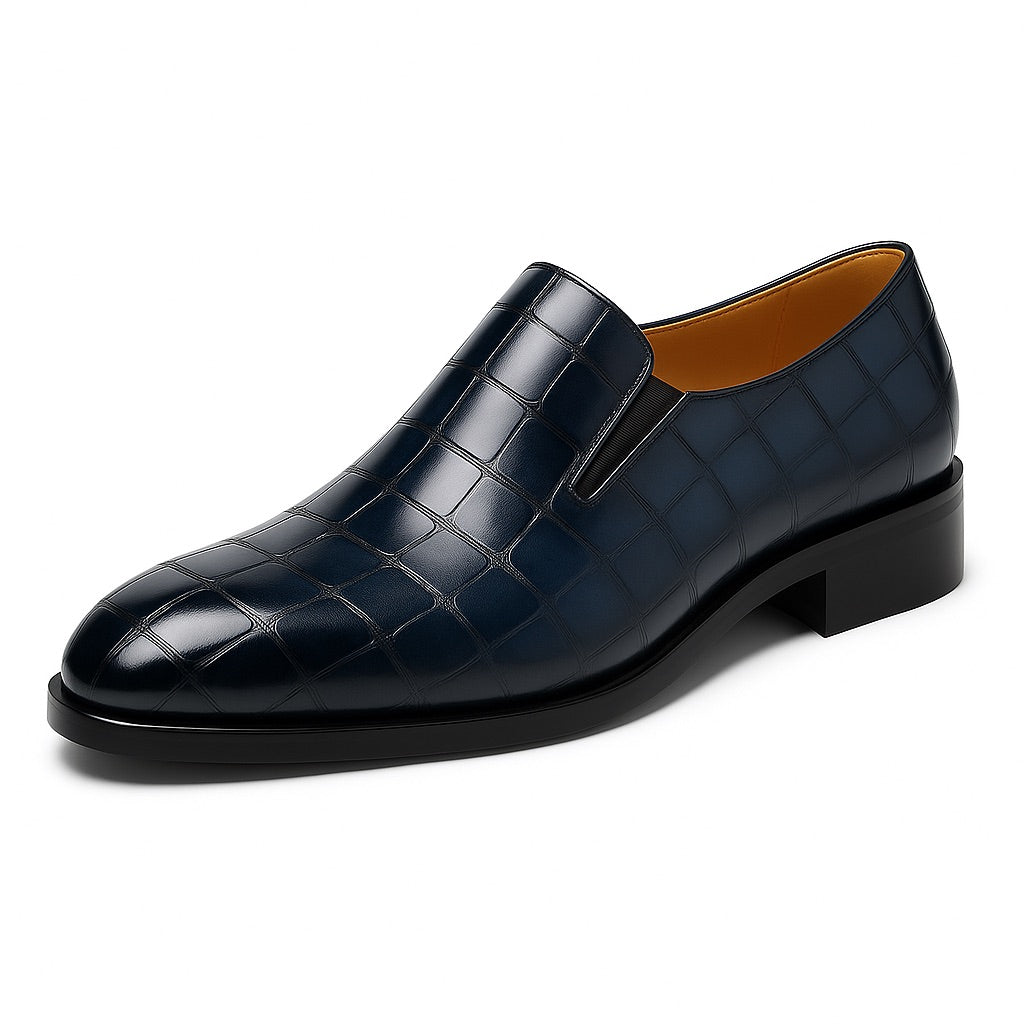  Leather Loafers in navy blue, luxury men’s loafers with crocodile embossed leather finish.