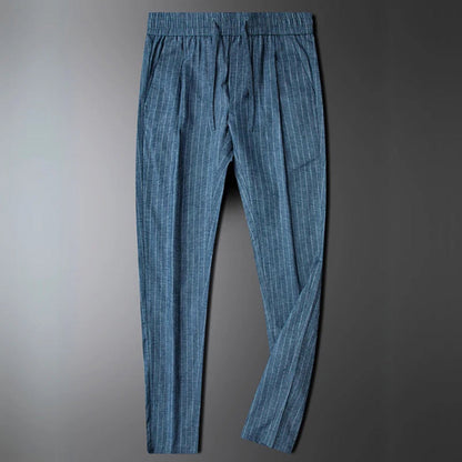 Full view of blue striped Valerio Poldini relaxed men's pants
