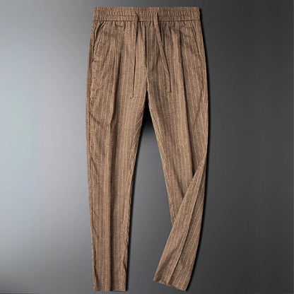 Full view of brown striped Valerio Poldini relaxed men's pants
