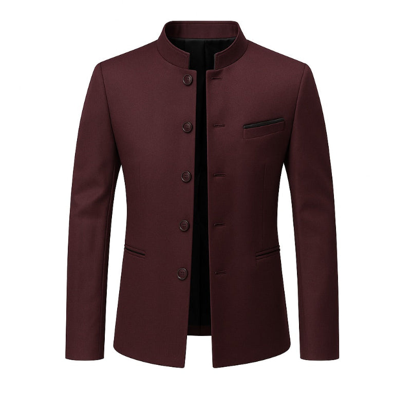 Valerio Structured Jacket in bordeaux red – elegant men’s mandarin collar jacket by Polumi with tailored structure and modern design.