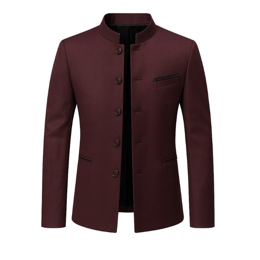 Valerio Structured Jacket in bordeaux red – elegant men’s mandarin collar jacket by Polumi with tailored structure and modern design.