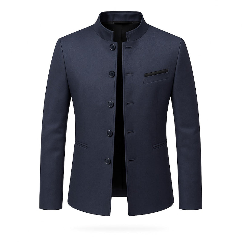 Valerio Structured Jacket in navy blue – refined structured men’s jacket by Polumi featuring mandarin collar and premium craftsmanship.