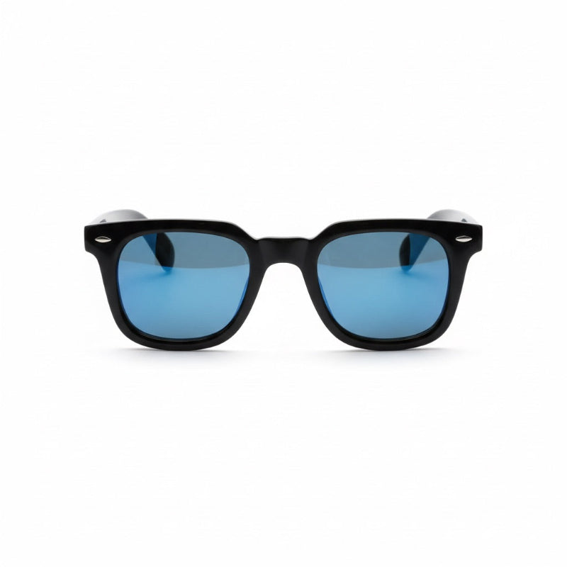 Venezia Italian Featuring Sunglasses by Polumi – black square acetate frame with deep blue lenses for a bold Italian-inspired look.
