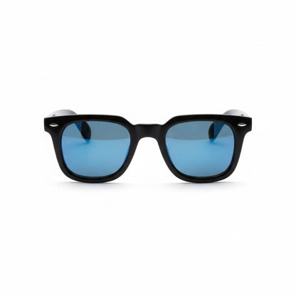 Venezia Italian Featuring Sunglasses by Polumi – black square acetate frame with deep blue lenses for a bold Italian-inspired look.