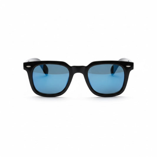 Venezia Italian Featuring Sunglasses by Polumi – black square acetate frame with deep blue lenses for a bold Italian-inspired look.