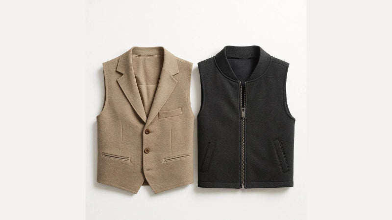 Polumi men’s vests — beige tailored vest and black zip wool vest, showcasing refined layering essentials
