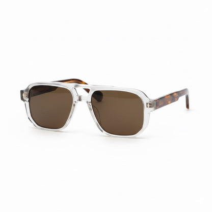 Polumi Vito Vintage sunglasses with clear frame, brown lenses and tortoise arms, ghost leopard colorway