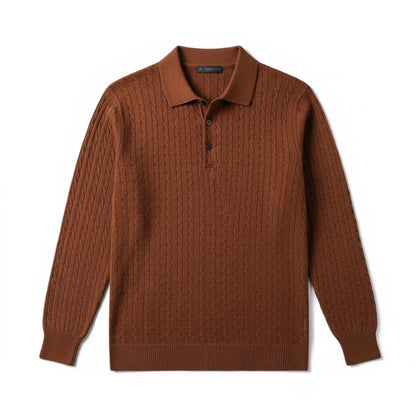 Polumi Vittorio Knit Polo Sweater in brown – elegant men’s knit polo with cable texture, refined look for timeless TikTok outfit inspiration.