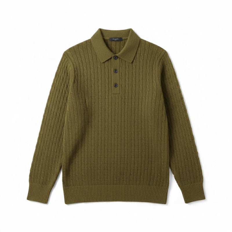 Polumi Vittorio Knit Polo Sweater in green – modern men’s cable-knit polo, versatile color for effortless TikTok fashion layering videos.