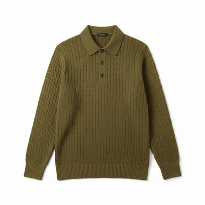 Polumi Vittorio Knit Polo Sweater in green – modern men’s cable-knit polo, versatile color for effortless TikTok fashion layering videos.
