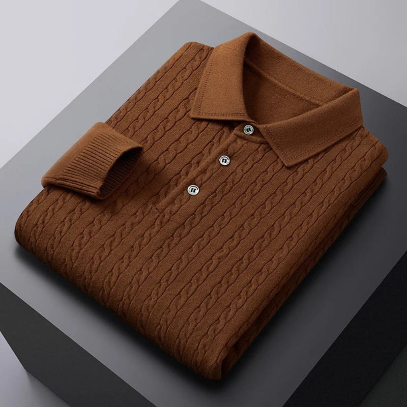 Vittorio Premium Knit Polo Sweater brown – men's brown knit polo featuring a fine cable pattern and tailored comfort by Polumi.