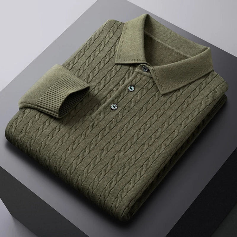 Vittorio Premium Knit Polo Sweater green – men's cable-knit polo sweater in olive green, crafted from premium cotton blend for elegant comfort by Polumi.