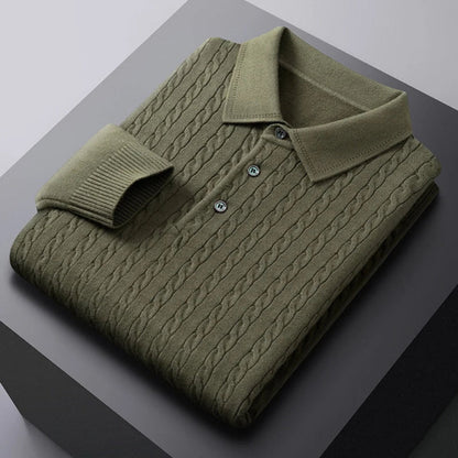 Vittorio Premium Knit Polo Sweater green – men's cable-knit polo sweater in olive green, crafted from premium cotton blend for elegant comfort by Polumi.