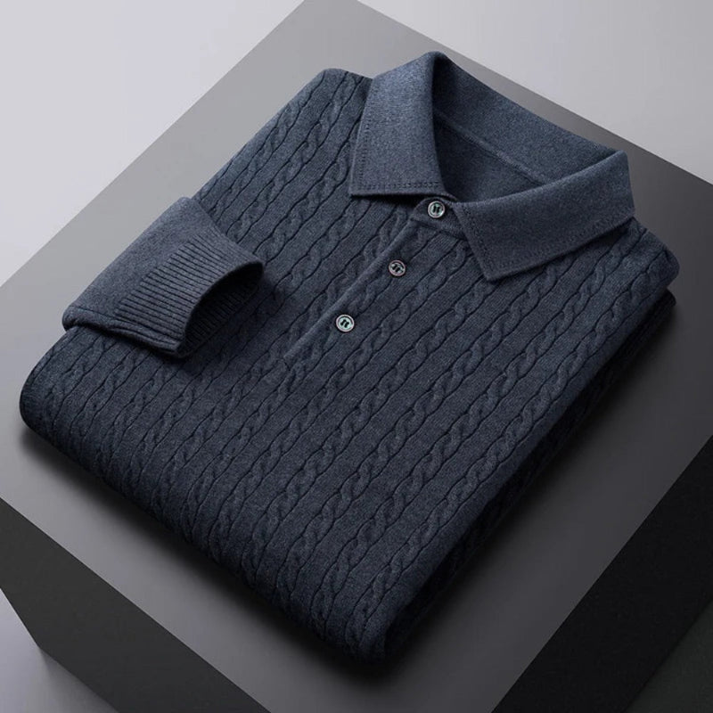 Vittorio Premium Knit Polo Sweater navy – men's navy blue knit polo sweater with classic texture and smooth finish by Polumi.